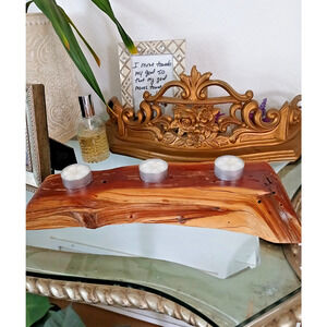 VNT Olive Tree Wood Candle Holder 14" Tabletop Carved Rustic Natural Distressed